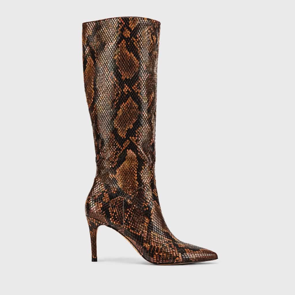 Euc. Size 8. Steve Madden “Kinga” Brown Snakeskin Below Knee L Stiletto Boots